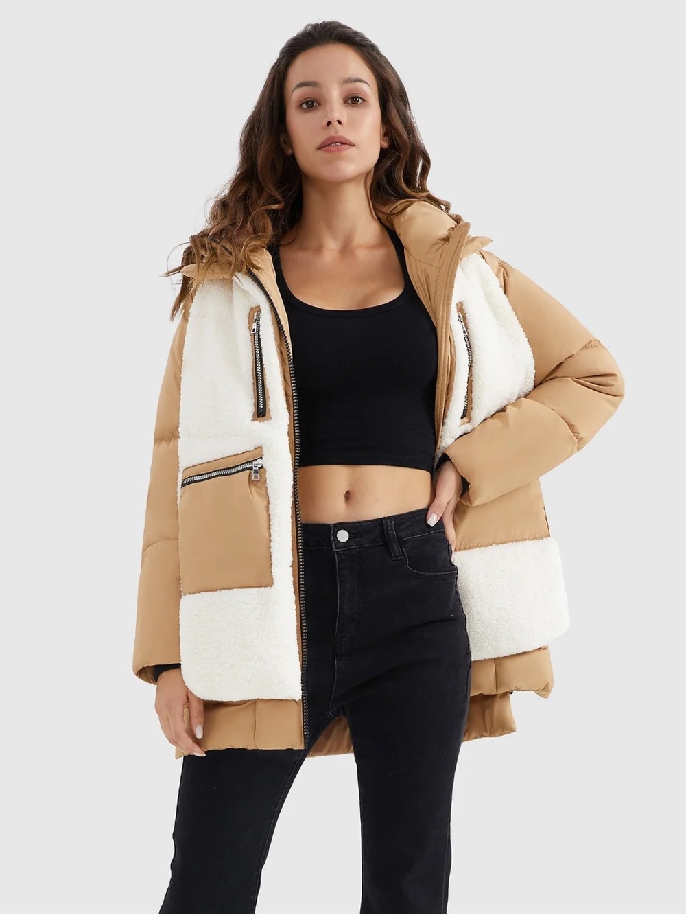 Orolay 092 Universe® Fleece Down Puffer Tan Khaki White Hood Women’s size Large